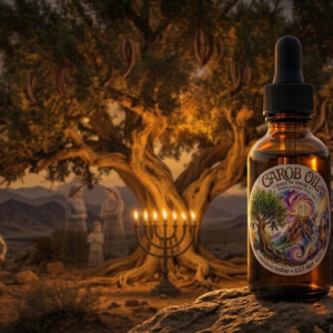 Carob oil bottle from Zion Today on a desert rock beside a lit menorah under an ancient carob tree at dusk