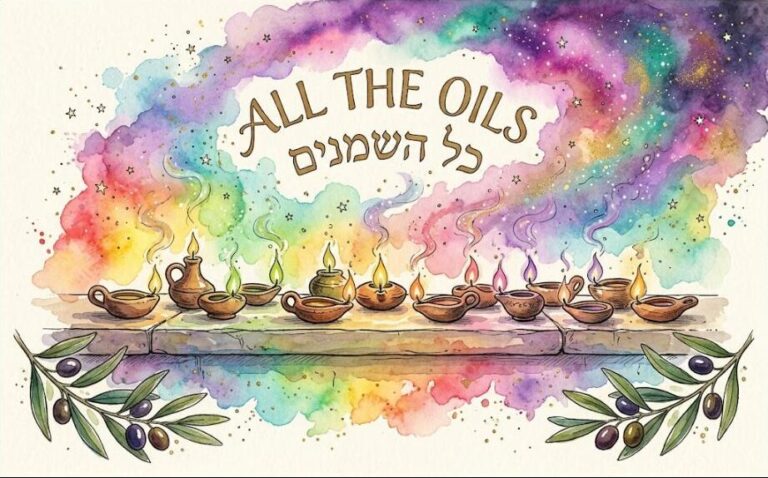 Watercolor of a stone ledge lined with clay lamps burning different oils in different colored flames