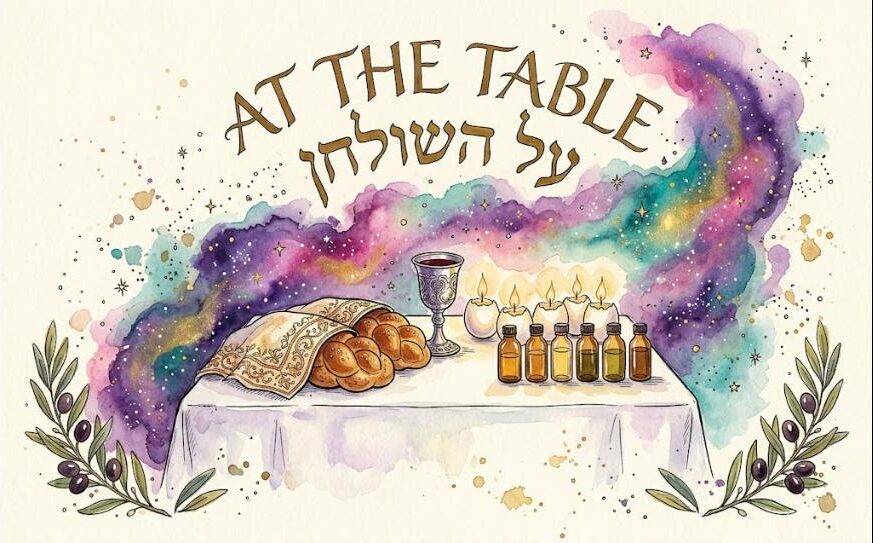 Watercolor of a Shabbat table with challot, kiddush cup, glowing eggshell lamps and seven bottles of oil