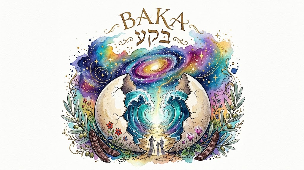Watercolour of a cracking eggshell whose split opens into a parted sea, walls of water on either side and figures walking through, under a rainbow galaxy, with Baka arched above
