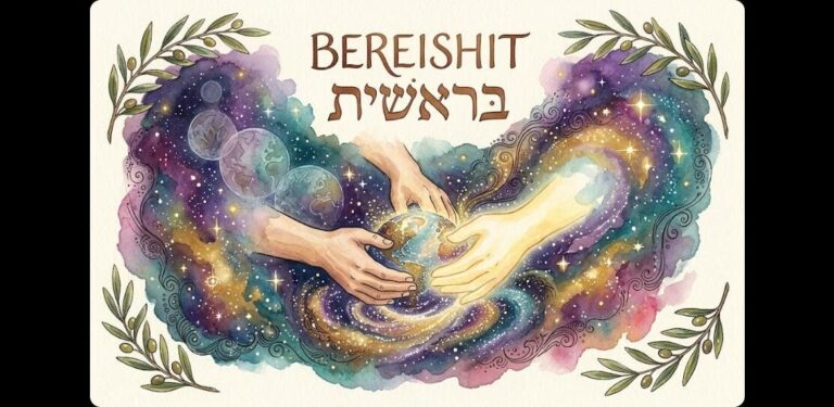 Watercolor of a human hand and a hand of light shaping a new world from stardust, titled Bereishit