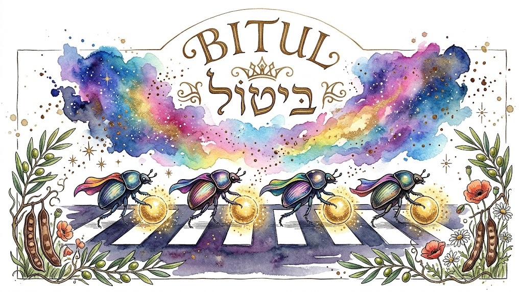 Watercolour of four scarab beetles crossing a zebra crossing in Abbey Road formation, each rolling a glowing golden sphere, under a rainbow galaxy, with Bitul arched above