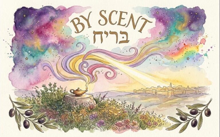 Watercolor of ribbons of scent rising from a field of myrtle and spice toward Jerusalem, an oil lamp on a stone