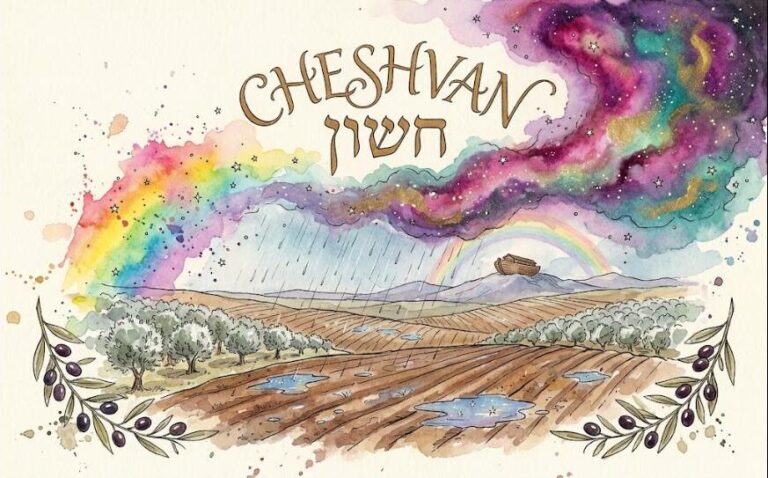 Watercolor of autumn rain on plowed fields and olive groves, the ark on a distant mountain under a rainbow