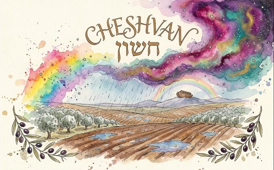 Watercolor of autumn rain on plowed fields and olive groves, the ark on a distant mountain under a rainbow