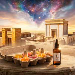 A carton of eggshell candles beside a bottle of 26 Oilz, the Beit HaMikdash behind