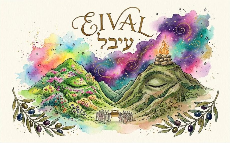 Watercolor of two mountains, an altar with fire on the eye-shaped mountain of Eival, the people and the ark in the valley between