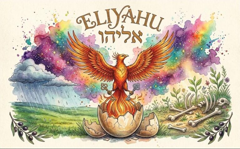 Watercolor of a fiery phoenix rising from a cracked eggshell holding a gold key and a silver key, rain on one side and dry bones sprouting on the other