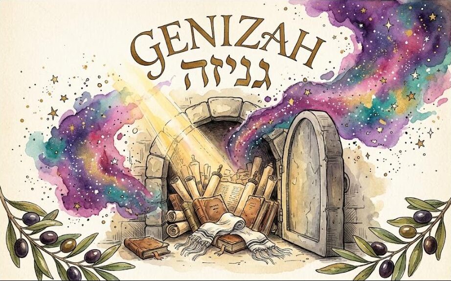 Watercolor of an open stone vault filled with glowing scrolls, worn books and tzitzit strings