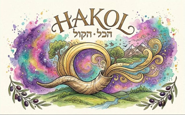Watercolor of a shofar sounding golden ribbons of sound that become mountains, trees, birds, rivers and stars