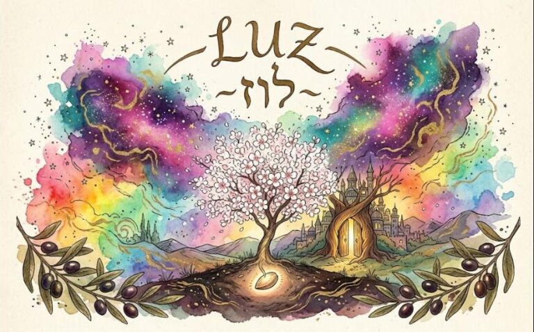 Watercolor of a glowing almond-shaped luz bone in the earth sprouting a blossoming almond tree, a hidden city behind