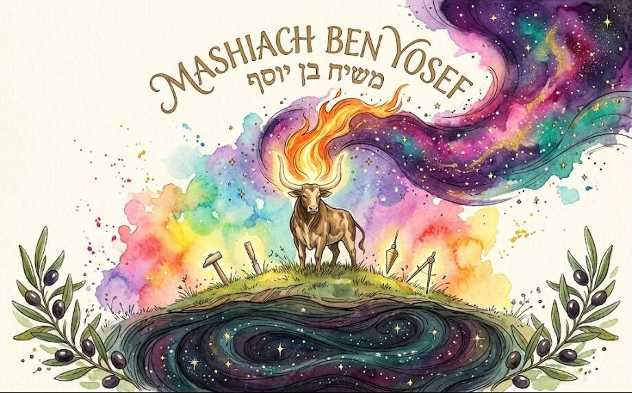 Watercolor of a brown ox with glowing horns beneath a rising flame on a hill over the deep, with four craftsmen tools