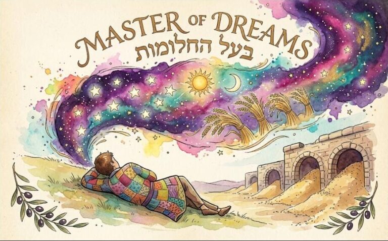 Watercolor of Yosef in a coat of many colors asleep under a galaxy of his dreams, eleven stars, sun, moon and bowing sheaves, beside overflowing storehouses