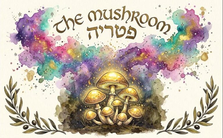 Watercolor of glowing golden mushrooms rising from dark earth