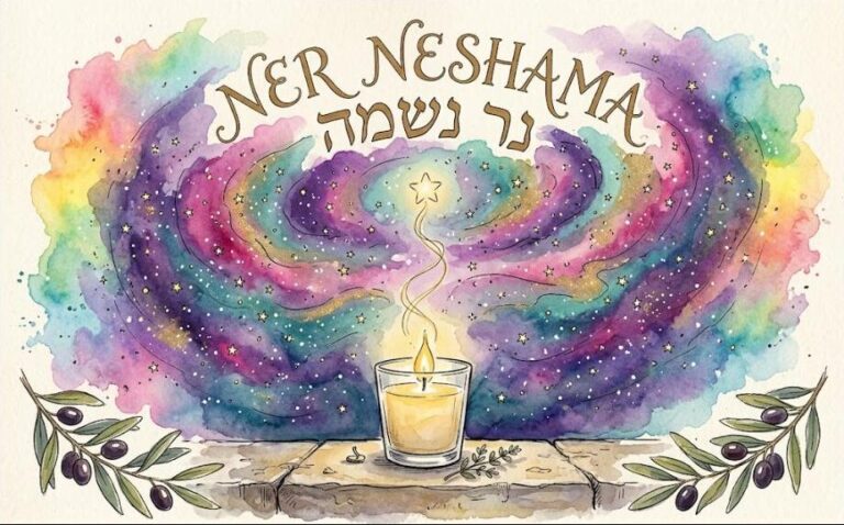 Watercolor of a memorial candle in a glass on a stone sill, its flame rising as a golden thread to a star in the galaxy