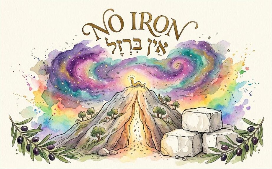 Watercolor of a tiny golden shamir worm splitting a mountain, seeds and olive trees sprouting, uncut temple stones