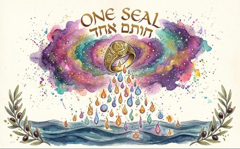 Watercolor of a golden signet ring in a galaxy pouring out candle flames of every color over sea waves