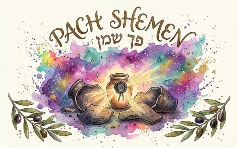 Watercolor of a small sealed jar of pure oil glowing among broken pottery shards