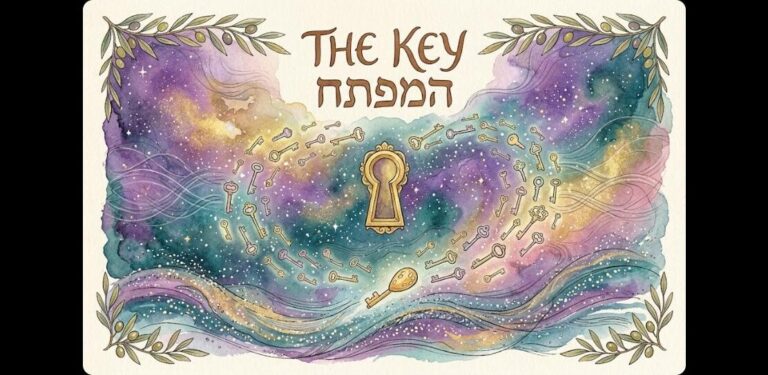 Watercolor of a golden keyhole in a starry sea, surrounded by countless drifting keys, one made of a sesame seed