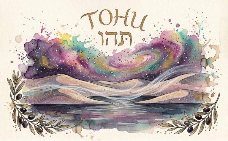 Watercolor of tohu, a settled cosmic desert of stardust dunes under a breath of wind over still water