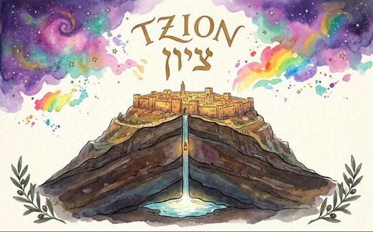Watercolor cross-section of the hill of Zion, a golden stronghold on top and a water shaft rising from a hidden spring below