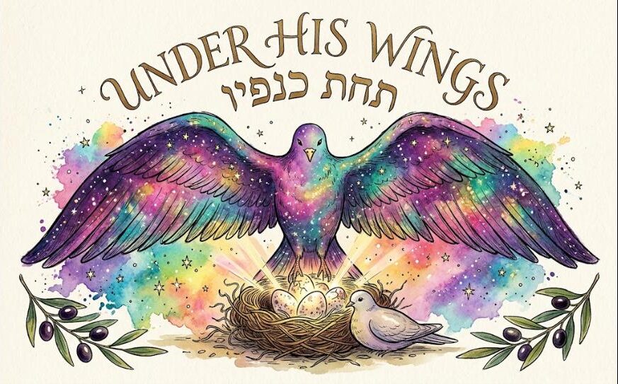 Watercolor of a galaxy-winged bird sheltering a nest of hatching eggs, a whole dove beside it