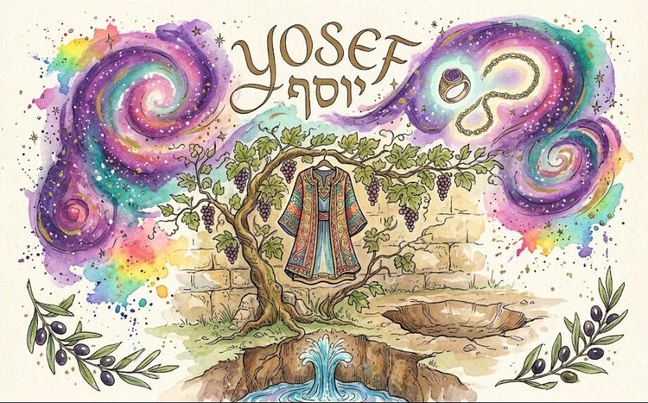 Watercolor of a coat of many colors on a fruitful vine over a wall, an empty pit, a spring from the deep, and a royal ring and chain in the galaxy
