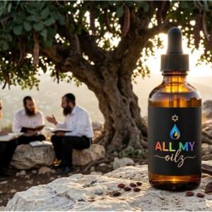 All my oilz bottle on a rock under a carob tree