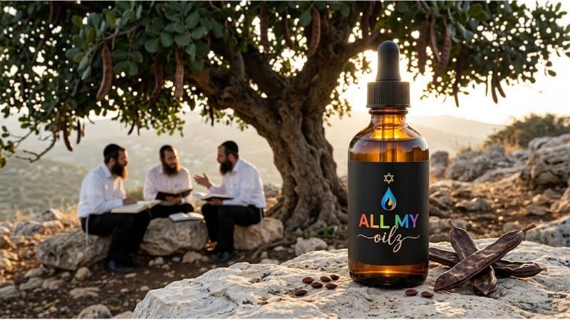 All my oilz bottle on a rock under a carob tree