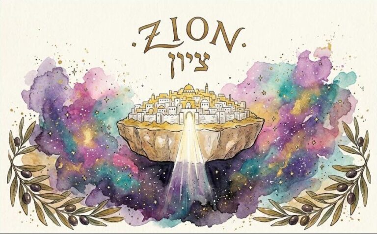 Watercolor of Zion, a white stone city on a floating foundation stone, light pouring from it into a galaxy