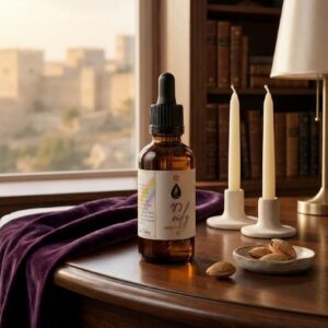 Chai oil bottle on a table by a window over Jerusalem